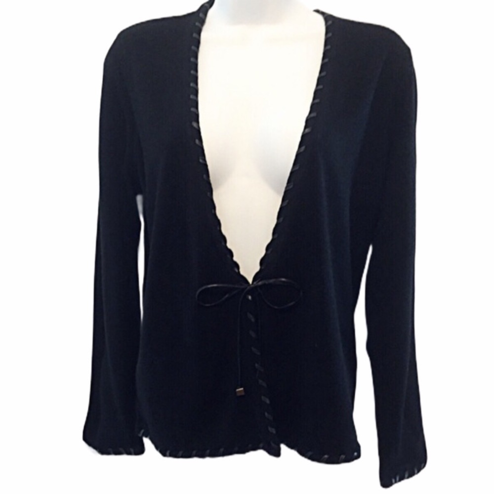 Black Cardigan w/ Faux Leather Trim & Tie